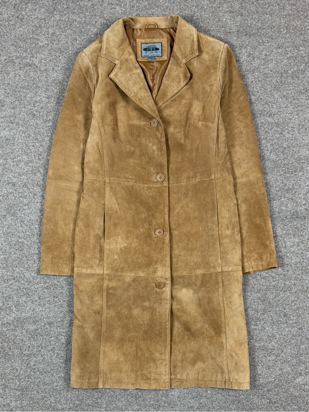 Vintage Tan Brown Suede Leather Long Jacket Women’s Large Button Front Coat Y2K
